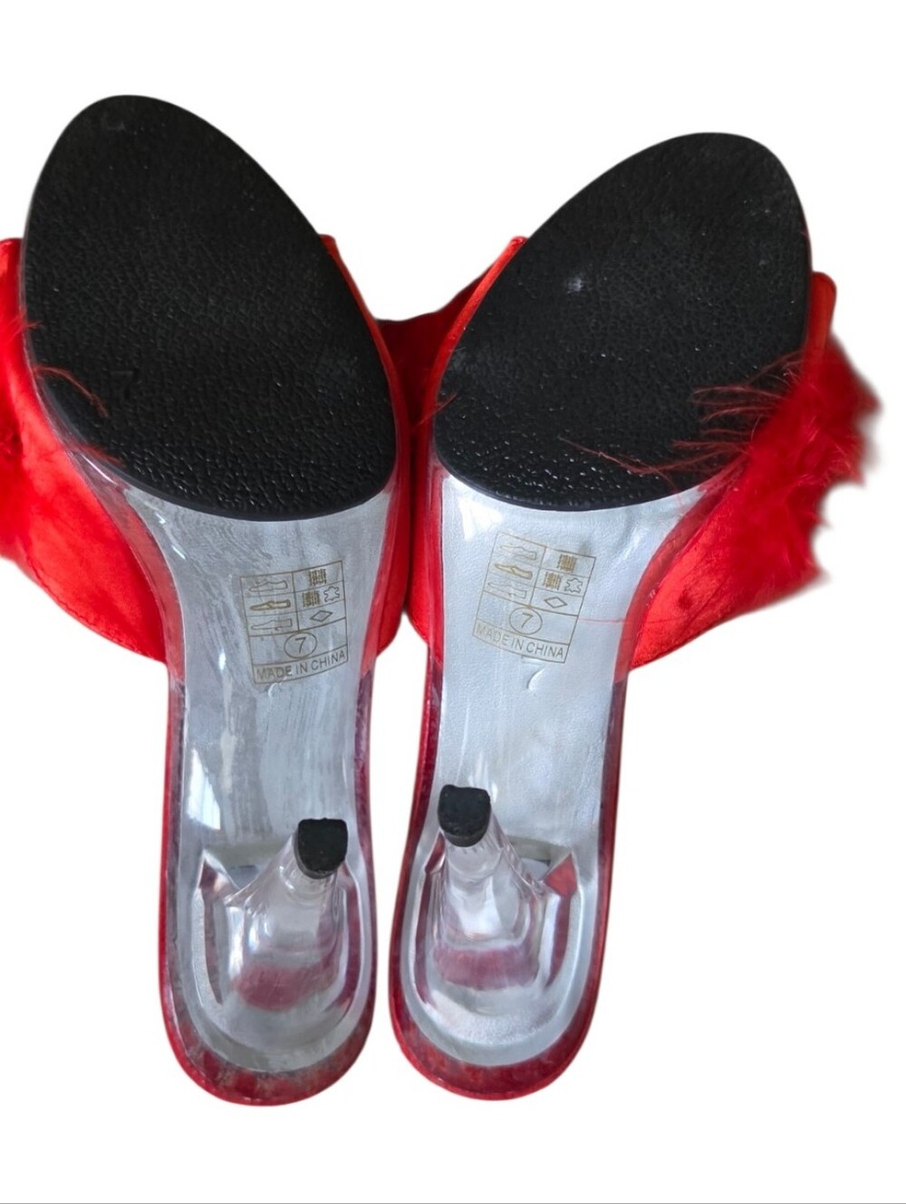 Ellie Shoes Red Marabou Feather Clear Heel Boudoir Mules Y2K Size 7 - Picture 6 of 11